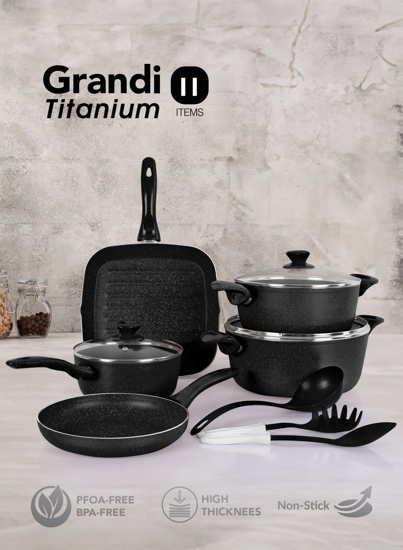 Grandi Granite Coated Pots And Pans Cookware Titanium  Set 11 PCS With Non-Stick Surfaces, Bakelite Handles, glass Lids , PFOA Free- Black - Image 1